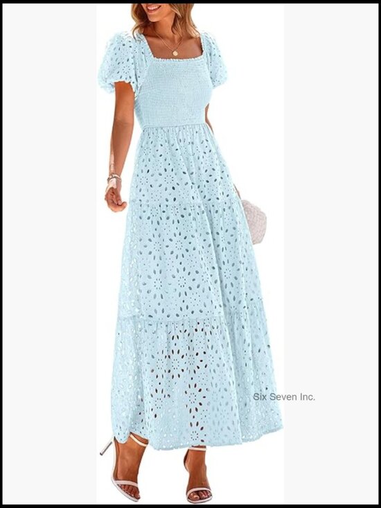 Dresses & Skirts - Cotton Eyelet Square Neck Puff Sleeve Smocked Maxi Dress with Pockets